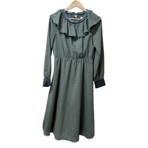Moon River Womens Ruffled Velvet Trim Midi Dress Size M Teal Modest Trad Wife